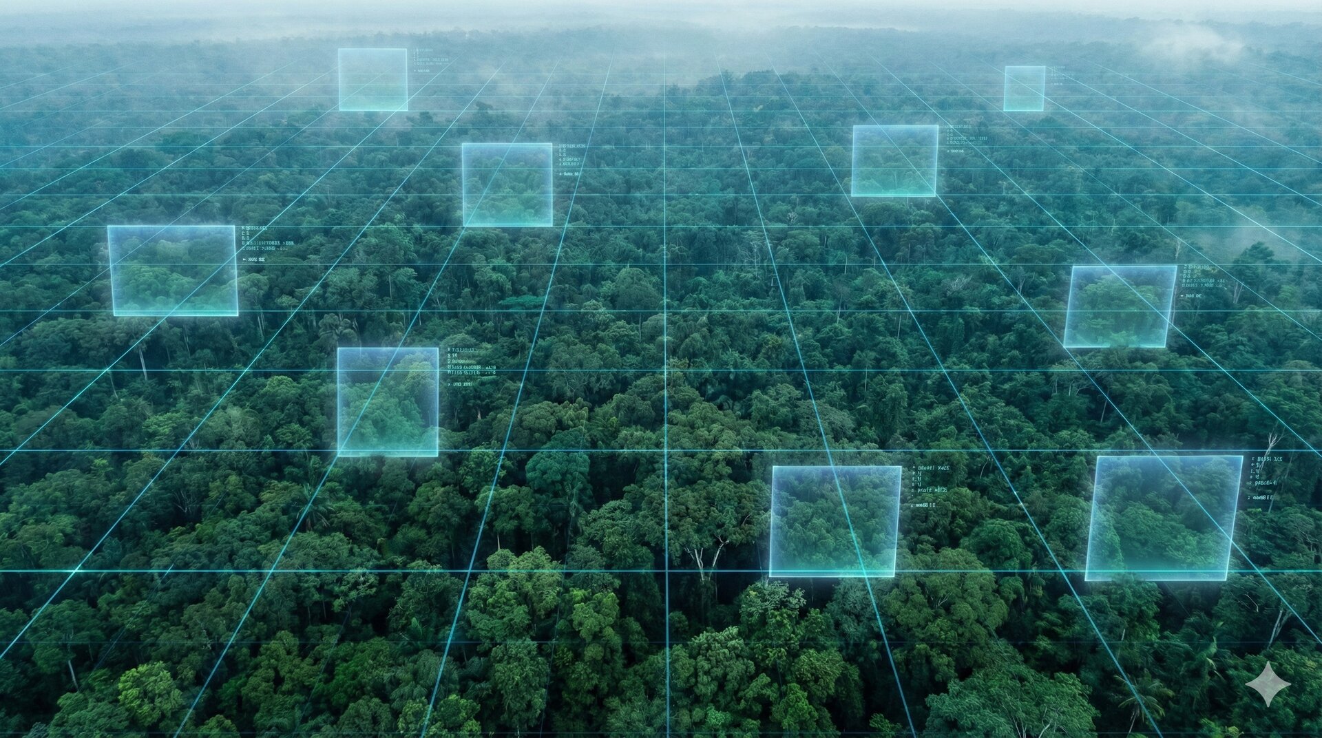 Satellite imagery analysis showing forest canopy with AI detection overlay